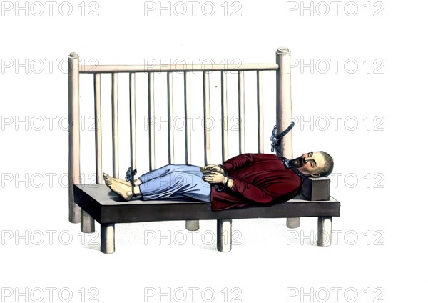 Jurisdiction, torture and punishment in medieval China, narrow prison camp. This criminal is tied to a kind of bed frame with outstretched links, with a wooden block serving as a pillow. His hands and feet are provided with iron shackles and chains, his neck is chained to a post and secured with two padlocks, authentic, digitally restored reproduction from an 18th century model, exact date of depiction unknown, historical