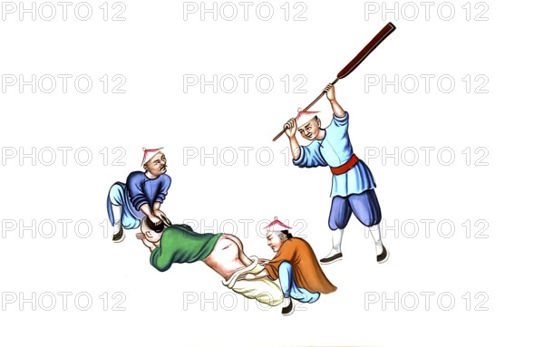 Jurisprudence, torture and punishment in medieval China, The illustration shows a depiction of corporal punishment in China during the Qing dynasty (1644 to 1912) . This specific method of punishment, in which the soles of the feet were beaten, is known as bastinado, falanga or falaka, authentic, digitally restored reproduction from an 18th century original, exact date of depiction unknown, Historical