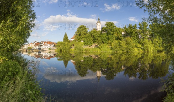 Panorama of city view with church of Our Lady on the mountains and reflection in Zwickauer Mulde, Penig, Saxony, Germany
