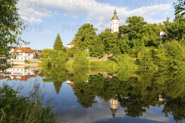 City view with church of Our Lady on the mountains and reflection in Zwickauer Mulde, Penig, Saxony, Germany