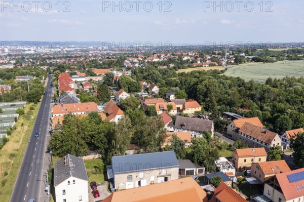 Aerial view of the old town center, Altgorbitz, Kesselsdorfer Straße on the left, Dresden and the Elbe Valley in the background, Dresden, Saxony, Germany