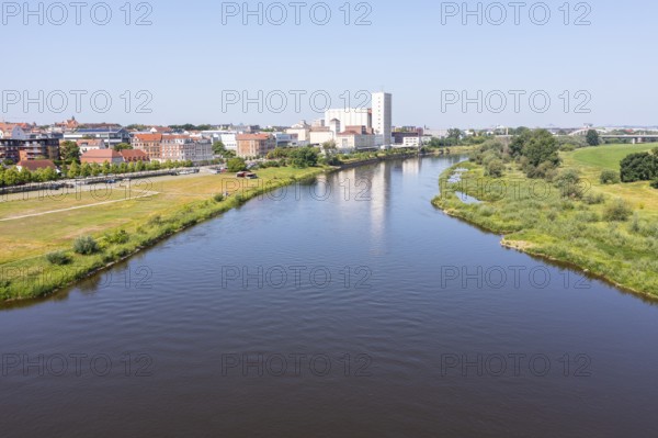 Aerial view of the Elbe with skyline of Riesa, Saxony, Germany