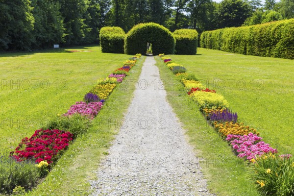 Colourful blooming flower beds in Pulsnitz Castle Park, Saxony, Germany