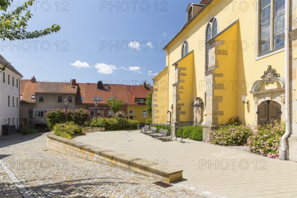 Church square with the town church of St. Nicolai in Pulsnitz, Saxony, Germany