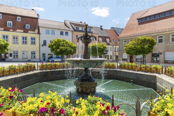 Sandstone market fountain on the medieval market square, in the background the monument to the sculptor Ernst Rietschel, Pulsnitz, Saxony, Germany