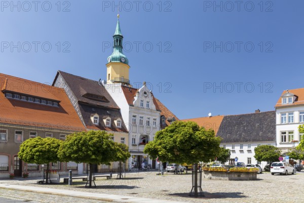 Medieval market square with market fountain and St. Nicolai town church, Pulsnitz, Saxony, Germany
