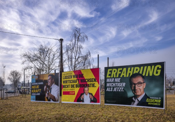 Top candidates Manuel Hagel, Hans-Ulrich Rülke, Cem Özdemir, the parties CDU, FDP, Alliance 90 The Greens, election poster, election posters, 2025 state election, Fellbach, Baden-Württemberg, Germany