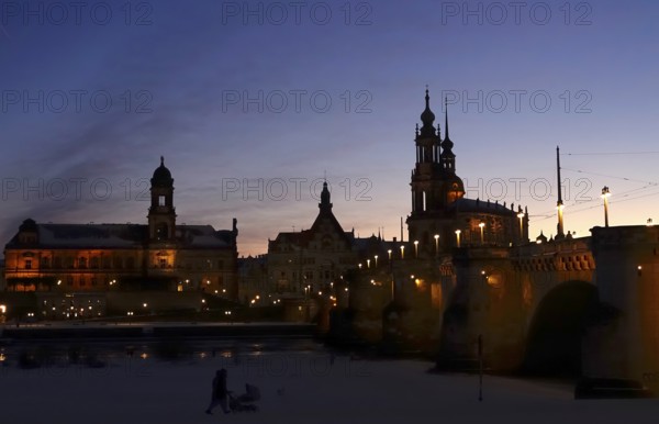 Dresden Old Town, Court Church and Castle, winter evening, Saxony, Germany