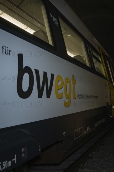 Close-up of a train with 'bwegt' inscription in a tunnel, fire department exercise on the Hermann Hesse railway, Ostelsheim, Germany