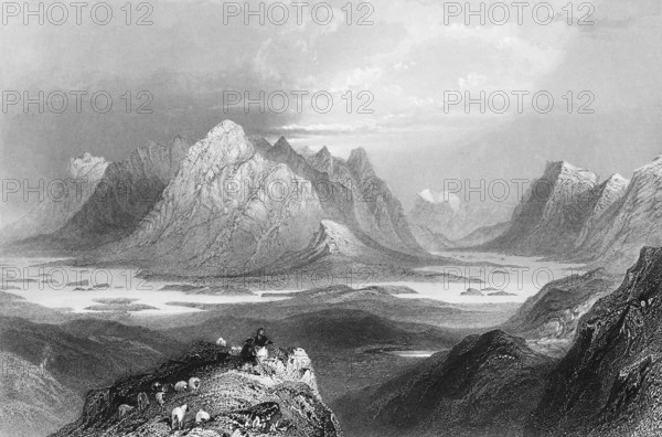 Cloonnacartan landscape in Connemara National Park, nature reserve, County Galway, Ireland, wild mountain scenery, lake, small rock islands, sheep, shepherds, sunlight, mountain peaks, earth history, quiet atmosphere, landmark, steel engraving, 19th century, historical illustration from 1845