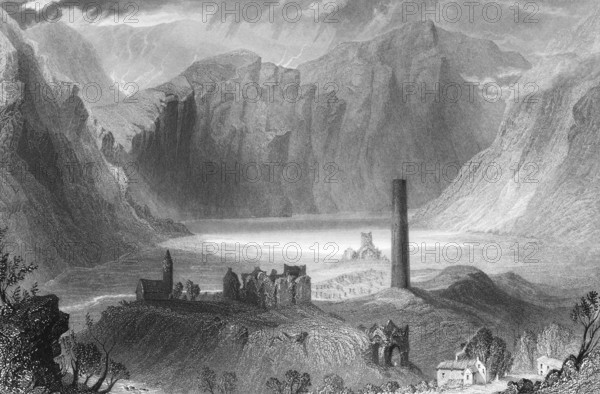 St. Kevin's Church, Glendalough Church Ruins on Lower Lake, Glendalough Village, County Wicklow, Ireland, Wild Mountain Landscape, Lake, Round Tower, Solitude, Quiet Atmosphere, Rock Wall, Earth History, Landmark, Steel Engraving, 19th century, Historical Illustration from 1845