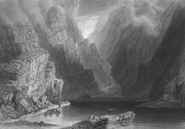Breakthrough at Dunloe on Lough Leane, County Kerry, Ireland, lakeside hiker, hiking trail, bird, mountain road, quiet atmosphere, wild mountain landscape, steep rock walls, landmark, steel engraving, 19th century, historical illustration from 1845