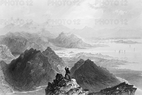 View from above, wild mountain landscape around Bantry Bay, County Cork, Ireland, small rock islands, river, mountain peaks, climber, man with hiking stick, landmark, steel engraving, 19th century, historical illustration from 1845