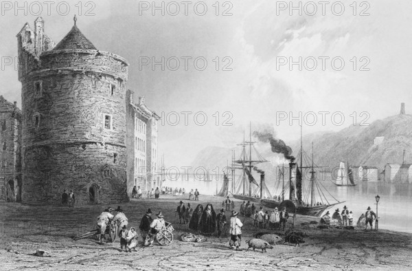 Waterford port on the Suir River, County Waterford, Ireland, founding of Norwegian Vikings in 914, oldest town in Ireland, paddle steamer, smoke, sailing ships, houses on the shore, wide round tower, bridge, many people, carts, pigs, paved road, lantern, lively atmosphere, tourist attraction, steel engraving, 19th century, historical illustration from 1845