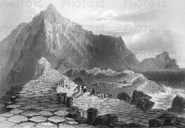 Basalt rocks at Giant's Causeway, Bushmills, Way of the Giant, County Antrim, Northern Ireland, English National Trust, cliffs, basalt columns, hexagon, cliffs, geology, geology, earth history, quiet atmosphere, legend, people, seashore, mountain peaks, landmark, steel engraving, 19th century, historical illustration from 1845
