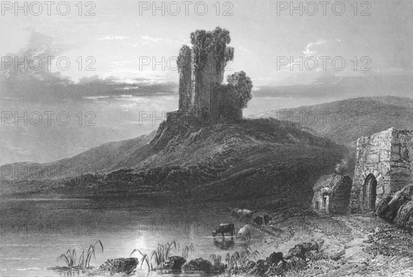 Kilcolman Castle, Castle Ruin, IkilColman Middle, County Cork, Ireland, secluded landscape with old cottage, smoking chimney, path, cows in water, reed shore, hill, nature conquers ruin, quiet atmosphere, sun, cloud cover, solitude, landmark, steel engraving, 19th century, historical illustration from 1845