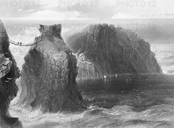 Rope Bridge at Carrick-a-Rede, Ballintoy, County Antrim, Northern Ireland, North Atlantic, National Trust, wild coastal landscape, steep cliffs, rock island, suspension bridge, people crossing, danger, high swell, foam crowns, small house, seashore, geological history, landmark, steel engraving, 19th century, historical illustration from 1845