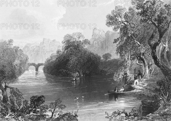 Old bridge, Old Weir Bridge, Killarney National Park, County Kerry, Ireland, idyllic riverscape, rowboat, wild nature, old trees, man, woman, peace, serenity, mountains in the background, peaceful atmosphere, birds, landmark, steel engraving, 19th century, historical illustration from 1845