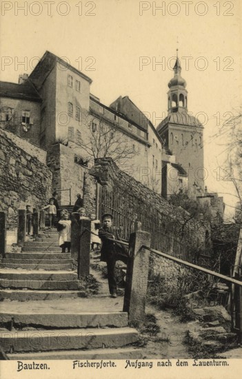 Historical postcard around 1900, Bautzen, Fischerpforte, staircase after the Lauenturm, Saxony, Germany, digital reproduction of a historical postcard, public domain, from that time, exact date unknown