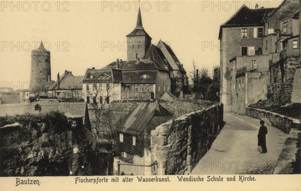 Historical postcard around 1900, Bautzen, fishing gate, old water art, Wendish school and church, Saxony, Germany, digital reproduction of a historic postcard, public domain, from that time, exact date unknown
