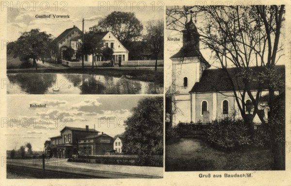 Historical postcard around 1900, Baudach/M, historic Wendish village, which was first mentioned in 1309 and was located in the former district of Crossen an der Oder in the province of Brandenburg, home district of Crossen/Oder. Since summer 1945, the town has belonged to Poland, is now called Budachow and is located in the Lubusz Voivodeship, Poland, digital reproduction of a historical postcard, public domain, from that time, exact date unknown