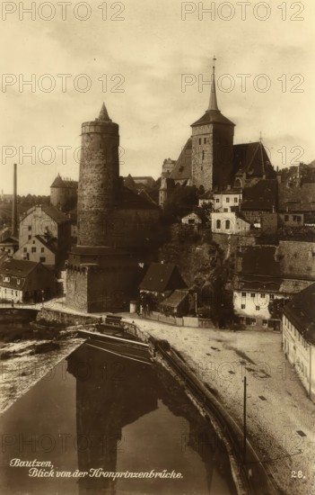 Historical postcard around 1900, Bautzen, view from the Crown Prince Bridge, Saxony, Germany, digital reproduction of a historic postcard, public domain, from that time, exact date unknown