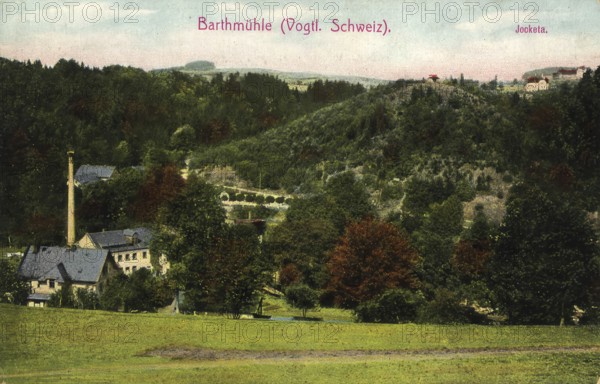 Historical postcard around 1900, Barthmühle in Vogtland Switzerland, a settlement belonging to the municipality of Pöhl in the Vogtlandkreis district on the White Elster, Saxony, Germany, digital reproduction of a historical postcard, public domain, from that time, exact date unknown