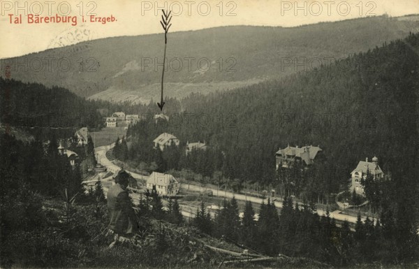 Historical postcard around 1900, Bärenburg im Erzgebirge, was a municipality and comprises the current districts of Oberbärenburg and Waldbärenburg of the Saxon town of Altenberg in the Saxon Switzerland-Eastern Ore Mountains district, Saxony, Germany, digital reproduction of a historical postcard, public domain, from that time, exact date unknown