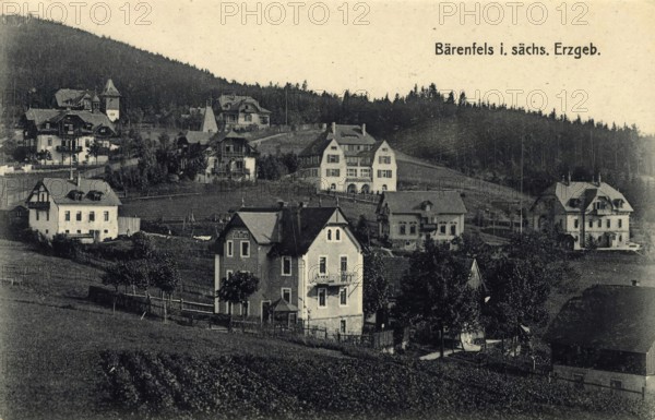 Historical postcard around 1900, Bärenfels in the Saxon Ore Mountains, formerly also the health resort Bärenfels, is a district of the Saxon town of Altenberg in the Saxon Switzerland-Eastern Ore Mountains district, Saxony, Germany, digital reproduction of a historical postcard, public domain, from that time, exact date unknown