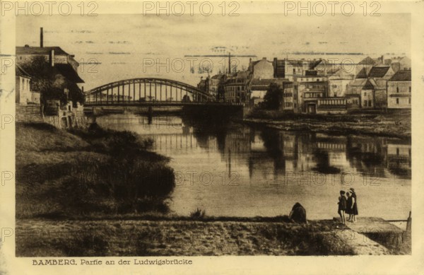 Historical postcard around 1900, Bamberg, Ludwigsbrücke, Upper Franconia, Bavaria, Germany, digital reproduction of a historical postcard, public domain, from that time, exact date unknown