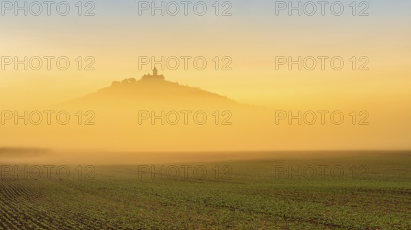 The silhouette of Wachsenburg Castle rises out of the fog at sunrise, Castle of the Three Gleichen Castle Ensemble, Thuringian Burgenland, Mühlberg, Thuringia, Germany