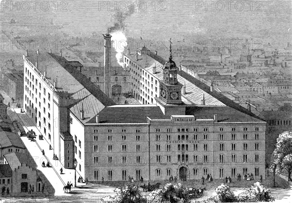 G. W. Gail & Ax's Tobacco Works Baltimore, Tabakfabrik, Gail'sche Zigarrenfabrik, also Georg Philipp Gail A.G., woodcut from 1864