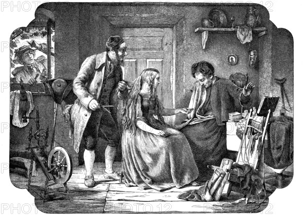 Hair buyer in Thuringia, Germany, woodcut from 1864