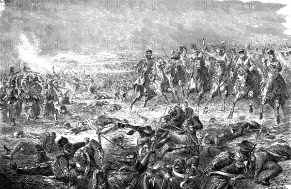 Zieten defeated the French in the victory of the Belle Alliance, La Haye Sainte, between Charleroi and Brussels, woodcut from 1864