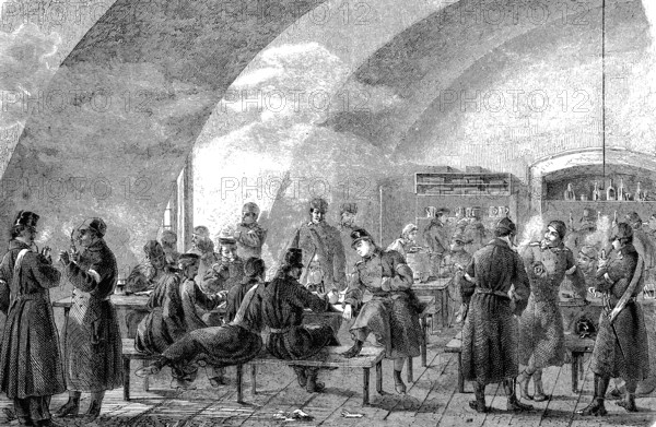 Austrian military tavern in the cellar of Gottorp Castle, woodcut from 1864