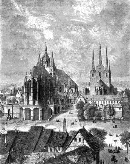Erfurt with the cathedral, Thuringia, Germany, woodcut from 1864