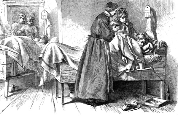 In the Prussian main hospital in Flensburg, Germany, woodcut from 1864