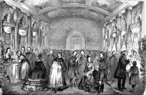 Charity bazaar of Hungarian housewives in Pesth, Hungary, woodcut from 1864