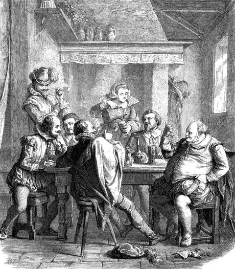 William Shakespeare with friends in the Mermaid tavern, woodcut from 1864