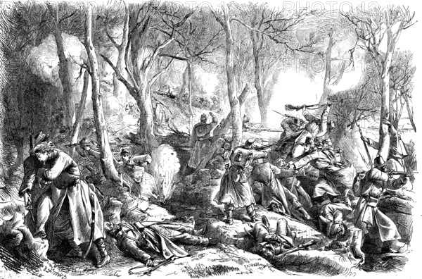 The battle in the gorge on Horsenser Chaussee near Veile, woodcut from 1864
