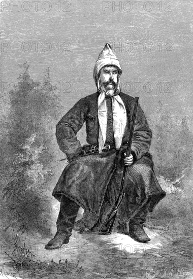 Prince Suvarov in hunting costume, Alexander Vasilyevich Suvorov-Rymniksky, 1730-1800, a famous Russian generalissimo and is still considered one of the greatest strategists of modern times, woodcut from 1864