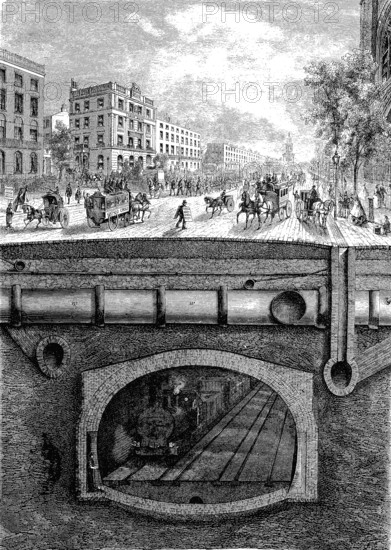 On and below ground in London, woodcut from 1864