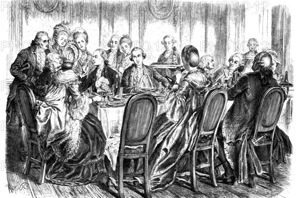 Johann Caspar Lavater, 1741-1801, Johann Wolfgang von Goethe, 1749-1832, and Johann Bernhard Basedow, 1724-1790, having lunch in Koblenz, woodcut from 1864