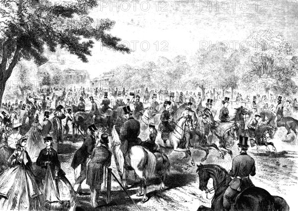The Amazon Corso of Rotten-Row in Hyde Park, London, woodcut from 1864
