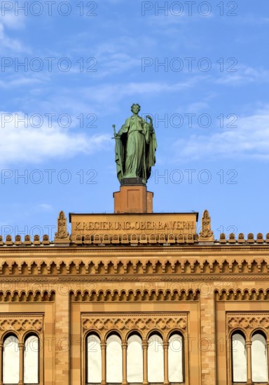 Facade of the government of Upper Bavaria building in Maximilian style with figure, Maximilianstraße, Munich, Bavaria, Germany