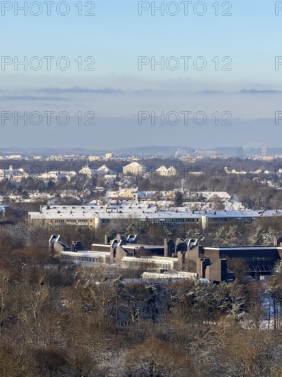 View of Munich from Olympic Mountain to Nymphenburg Castle with snow, Olympic Park, Munich, Bavaria, Germany