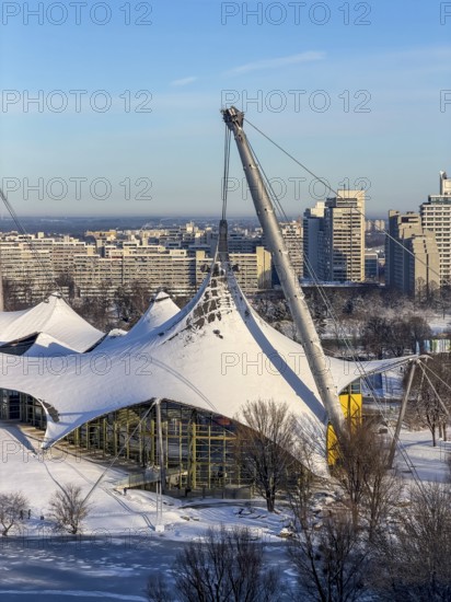 Olympic site with snow in winter, park with Olympic lake, Olympic Park, Munich, Upper Bavaria, Bavaria, Germany