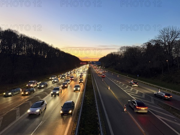 Cars driving on the motorway at sunset in the evening, Autobahn A96 Lindau, Munich, Bavaria, Germany