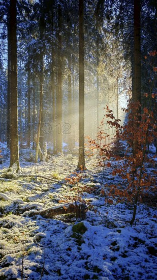 Morning light illuminates a snowy forest with autumn colors, Franconian Forest nature park Park