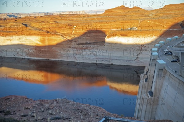 Page, Arizona - The water reservoir behind the Glen Canyon Dam is only 27 percent full. White rock around the lake is the 'bathtub ring, ' which shows how dramatically the water has dropped